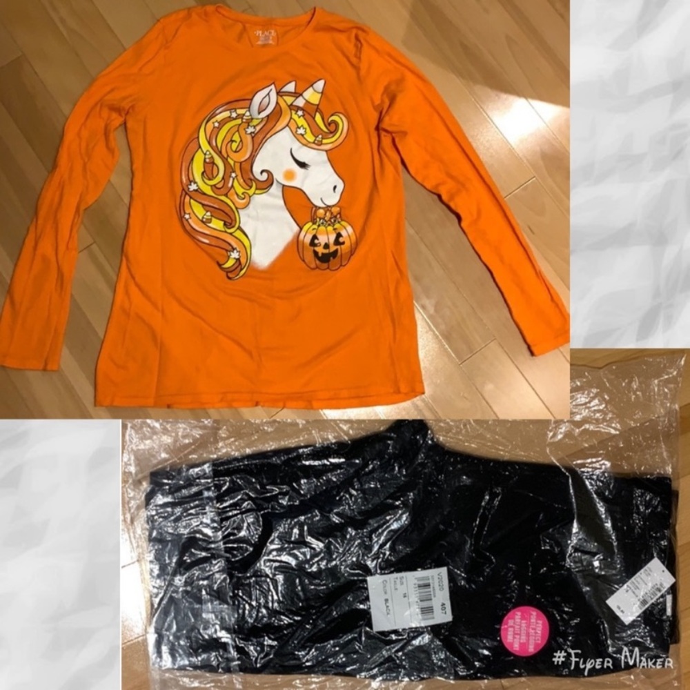Girl’s Unicorn Halloween Long sleeve & Black Ponte Leggings -size 16 /XXL